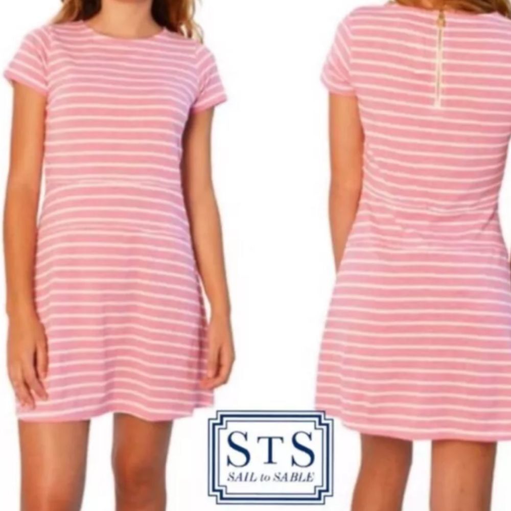 STS Sail to Sable Pink White Stripe Cotton Blend Short Sleeve Shift Dress Siz XS